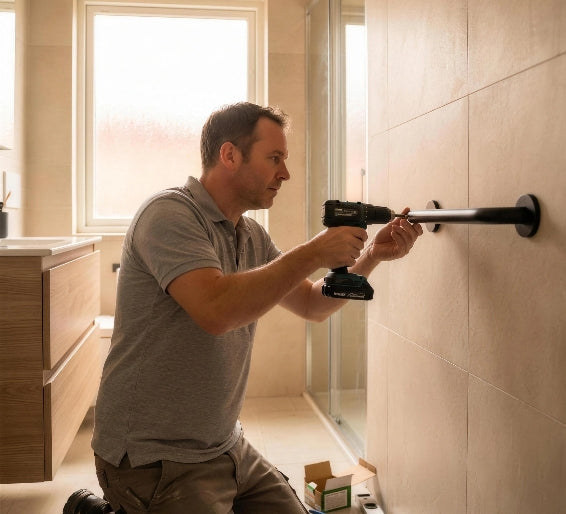 Installateur posant une barre d'appui dans une salle de bain