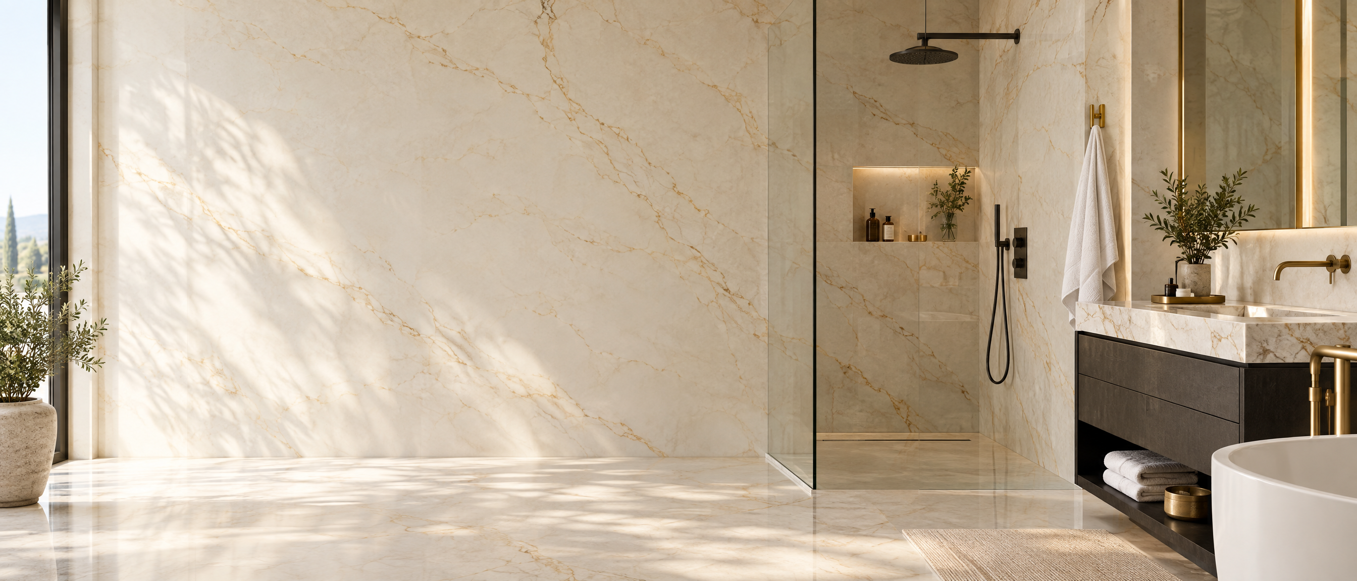 Salle de bain haut de gamme en marbre ivoire et or